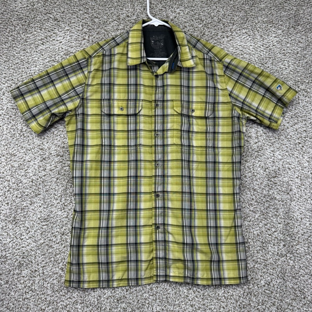 Kuhl Shirt Men's Size Medium Green Gray Plaid Short Sleeve Button Up Pockets